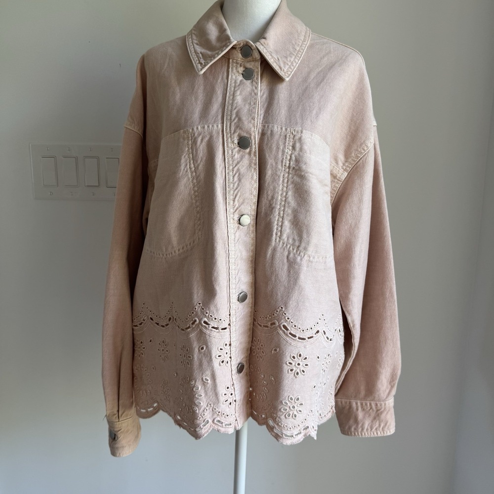 Zara Blush Pale Pink Denim Embroidered Eyelet Cutout Oversized Shacket Coat S